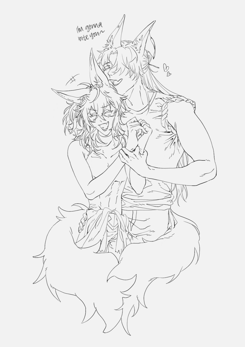 a black and white line art drawing of two furry anthropomorphic characters. they are both wolflike with long ears and tails. the larger character, in the back, is holding the smaller one by the wrists and leaning towards them. the smaller character is smiling with their tongue slightly sticking out, while the bigger character is leaning in with a smirk. both characters have their eyes closed and are holding each other in a close embrace. the