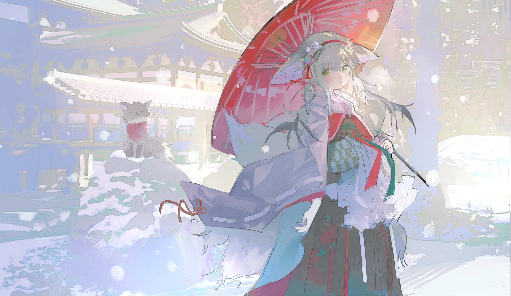 the illustration features a young woman with long, flowing white hair and fox ears, standing in the snow in front of a traditional japanese shrine. she's wearing an elegant white and red kimono with a green obi and holding a red umbrella decorated with white flowers.  a small fox wearing a red scarf sits on a snowcovered stone lantern in the background, further enhancing the enchanting winter atmosphere.  the soft, muted color palette and the gentle snowfall create a sense of serenity and peace.