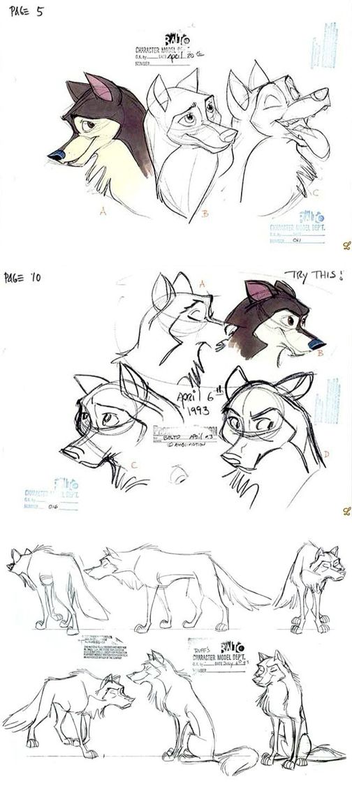 the image showcases a series of detailed pencil sketches of a wolf, likely for an animation project. the sketches explore different angles, expressions, and poses of the wolf, highlighting its features and potential for movement.  several sketches focus on headshots, capturing various emotional states from sadness to aggression. others depict the wolf in full body poses, demonstrating walking and interacting postures. the artist's annotations and notes are visible, offering insight into the design process.