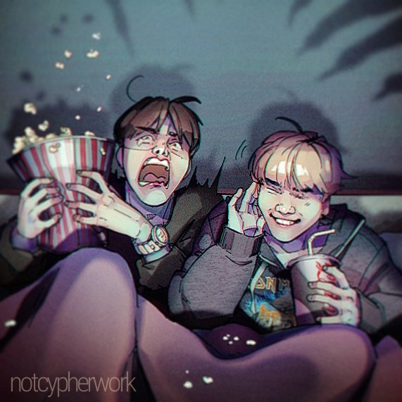 the illustration depicts two young men having a movie night. the scene is set in a dimly lit bedroom at night. one man is clutching a container of popcorn, his face contorted in fear, mouth wide open in a scream as popcorn flies through the air.  the other man is relaxed, leaning back with a soft smile, enjoying a drink and seemingly amused by his friend's reaction. the dramatic lighting and perspective emphasize the contrast between their emotions. the overall color scheme is dark and cooltoned, adding to the suspenseful atmosphere.  this suggests they are watching a horror movie, creating a humorous scene of contrasting reactions.