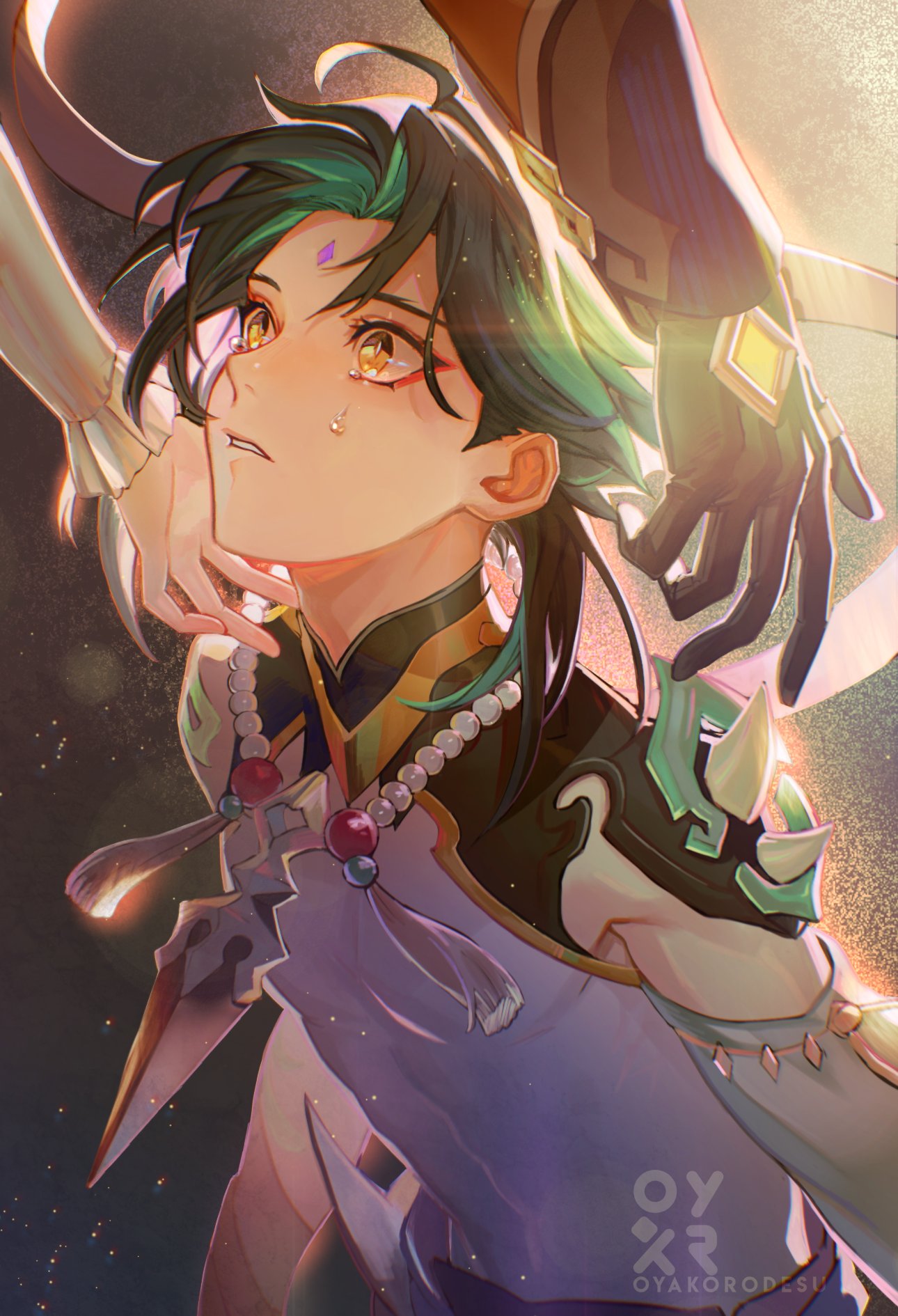 a beautiful anime girl is crying while being comforted by a hand from offscreen, her green hair flows around her, she is dressed in a lavish outfit with a necklace and an elaborate design on her armor. the background is filled with sparkling light, stars, and a glowing ethereal design.