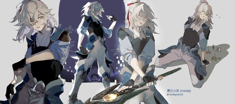 this image is a fan art of albedo from the popular video game genshin impact. the drawing shows the character in various poses and styles, showcasing different outfit options and expressions. albedo is depicted with his signature white hair, blue eyes, and wielding his weapon. there are also several smaller illustrations showing the character in different situations, with a cute and playful tone.