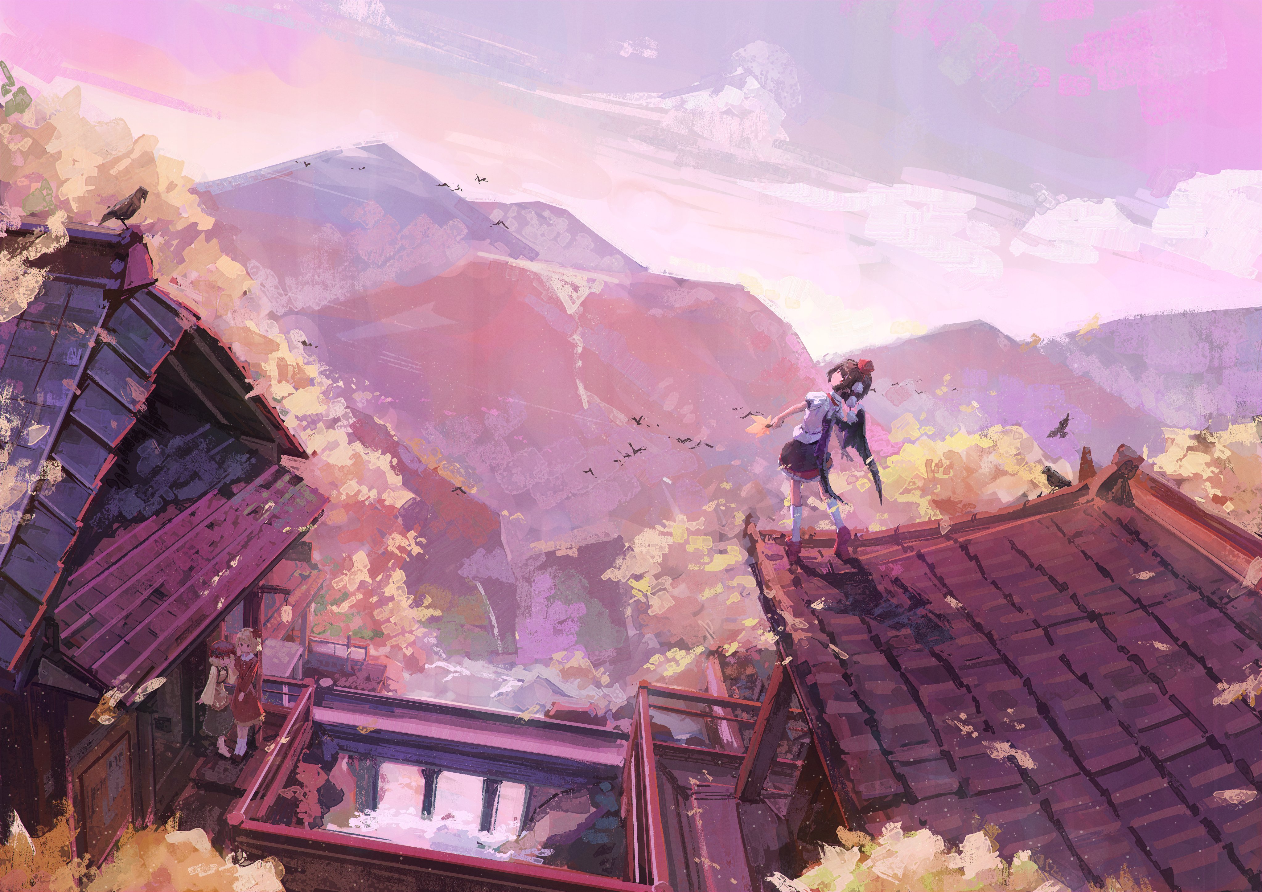 the image depicts an anime girl standing on the rooftop of a traditional japanesestyle building. the scene is set during either sunset or sunrise, with a vibrant sky of purples, pinks, and oranges.  the girl, dressed in a darkcolored school uniform or similar outfit, appears to be looking out at a mountainous landscape dotted with autumnalcolored trees.  birds are flying in the distance, adding to the peaceful atmosphere.  the overall style is painterly and impressionistic, with soft brushstrokes and a focus on capturing a mood of calm contemplation. the background includes a partially ruined or aged building, suggesting a sense of history or perhaps slight decay.  the entire scene conveys a sense of tranquility and a beautiful, dreamy atmosphere.