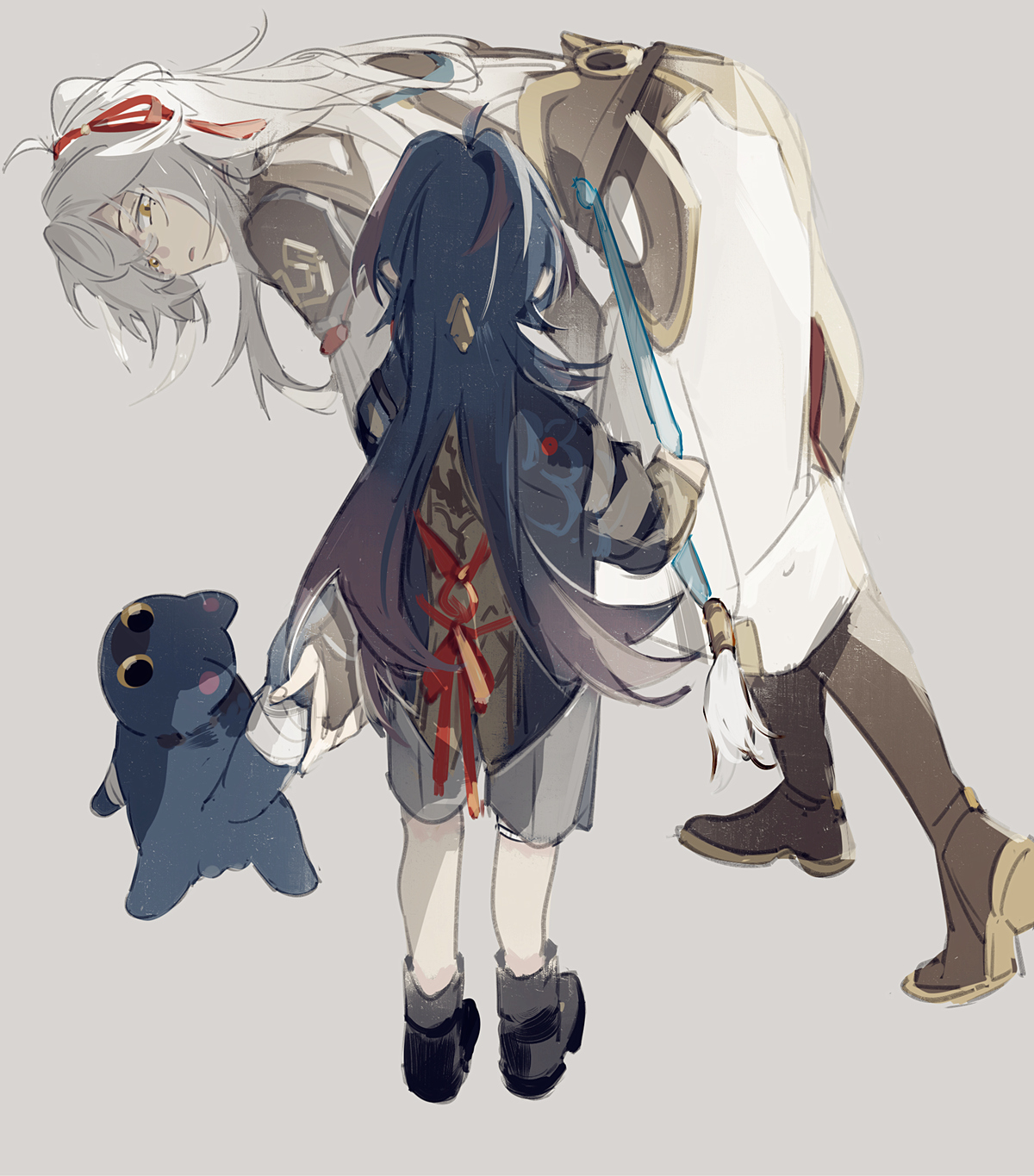 an anime illustration featuring a girl with white hair holding a blue toy and a girl with blue hair. the girl with white hair is wearing a white and red outfit, and the girl with blue hair is wearing a black and blue outfit. they are both standing on a grey background.