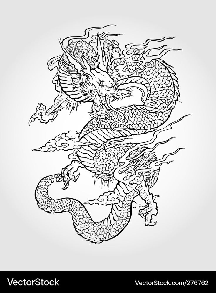 a black and white line art illustration of a traditional asian dragon, curled and surrounded by stylized clouds. the dragon features intricate scales and detailed facial features.