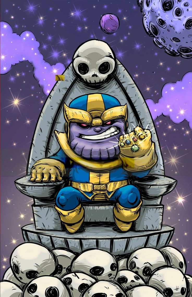 cartoon illustration of thanos sitting on a throne made of skulls, wearing the infinity gauntlet. he is in space with a purple nebula and stars in the background. there are planets in the background as well.