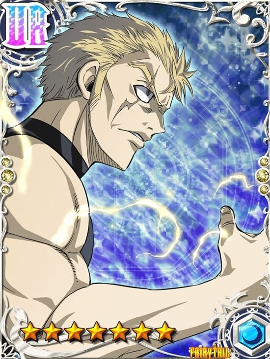 a depiction of laxus dreyar from the anime fairy tail, a blondehaired, muscular man with a stern expression, wielding his powerful lightning magic against a blue, swirling background.