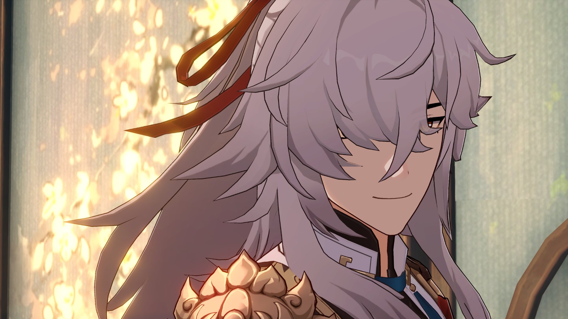 a close up shot of scaramouche, a male character from genshin impact, looking to the right. he has long, white hair, red ribbon tied around his hair, and a golden gauntlet on his right arm. he is smiling, showing his sharp teeth. he is standing in front of a wooden door with golden glow behind him.