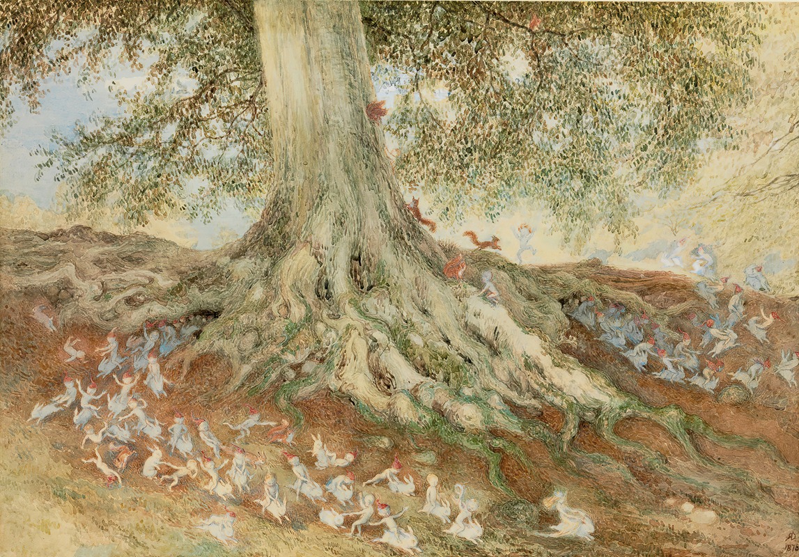 a watercolor painting shows a large tree with visible roots and squirrels climbing on the trunk. there are many gnomes near the roots of the tree.