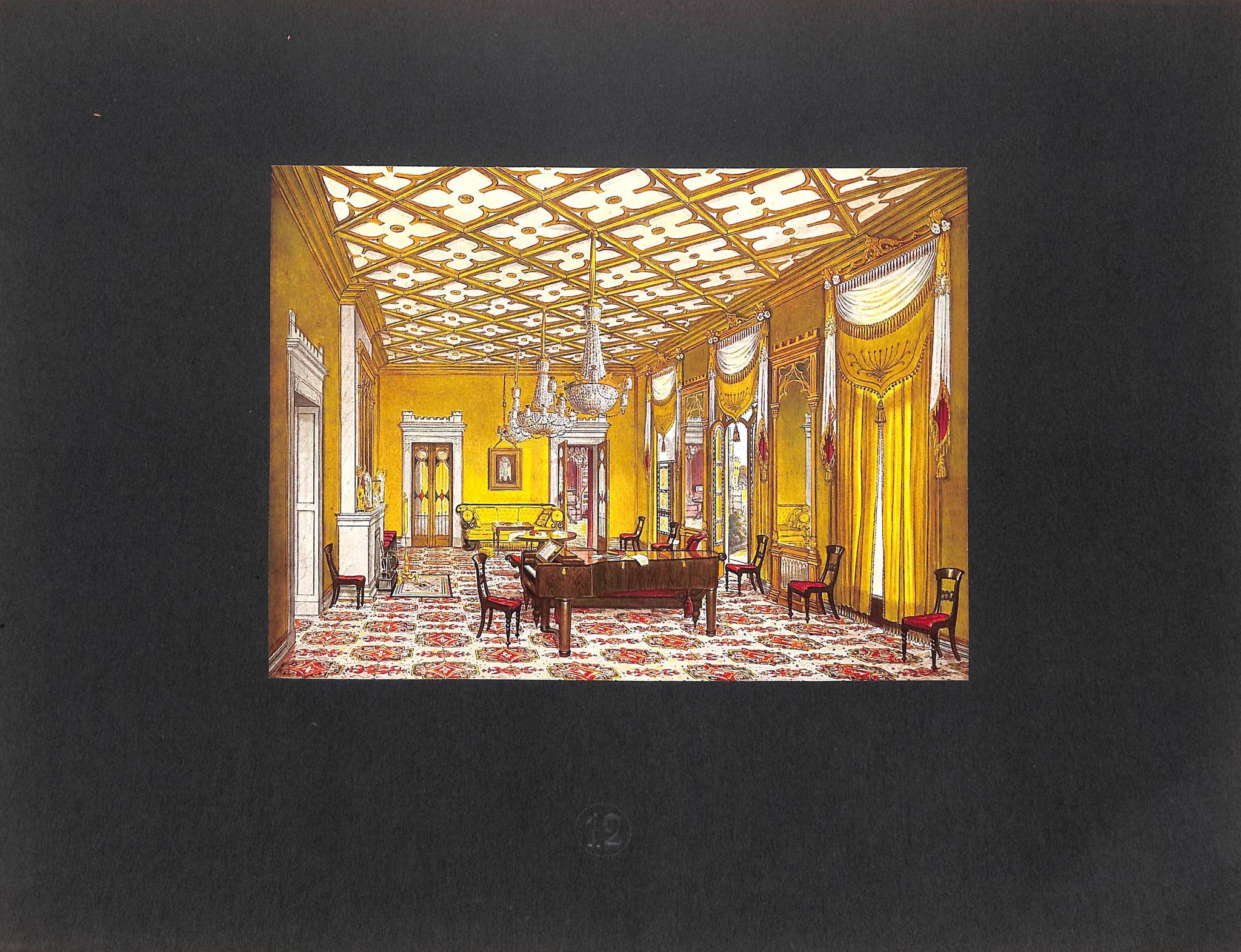 the image shows a detailed and ornate interior design rendering of a room, possibly a salon or drawing room. the room features a coffered ceiling with a geometric pattern, yellow walls and curtains, a large crystal chandelier, a grand piano, several chairs, a fireplace with decorative elements, and a patterned rug. the style suggests a classical or victorian era design.