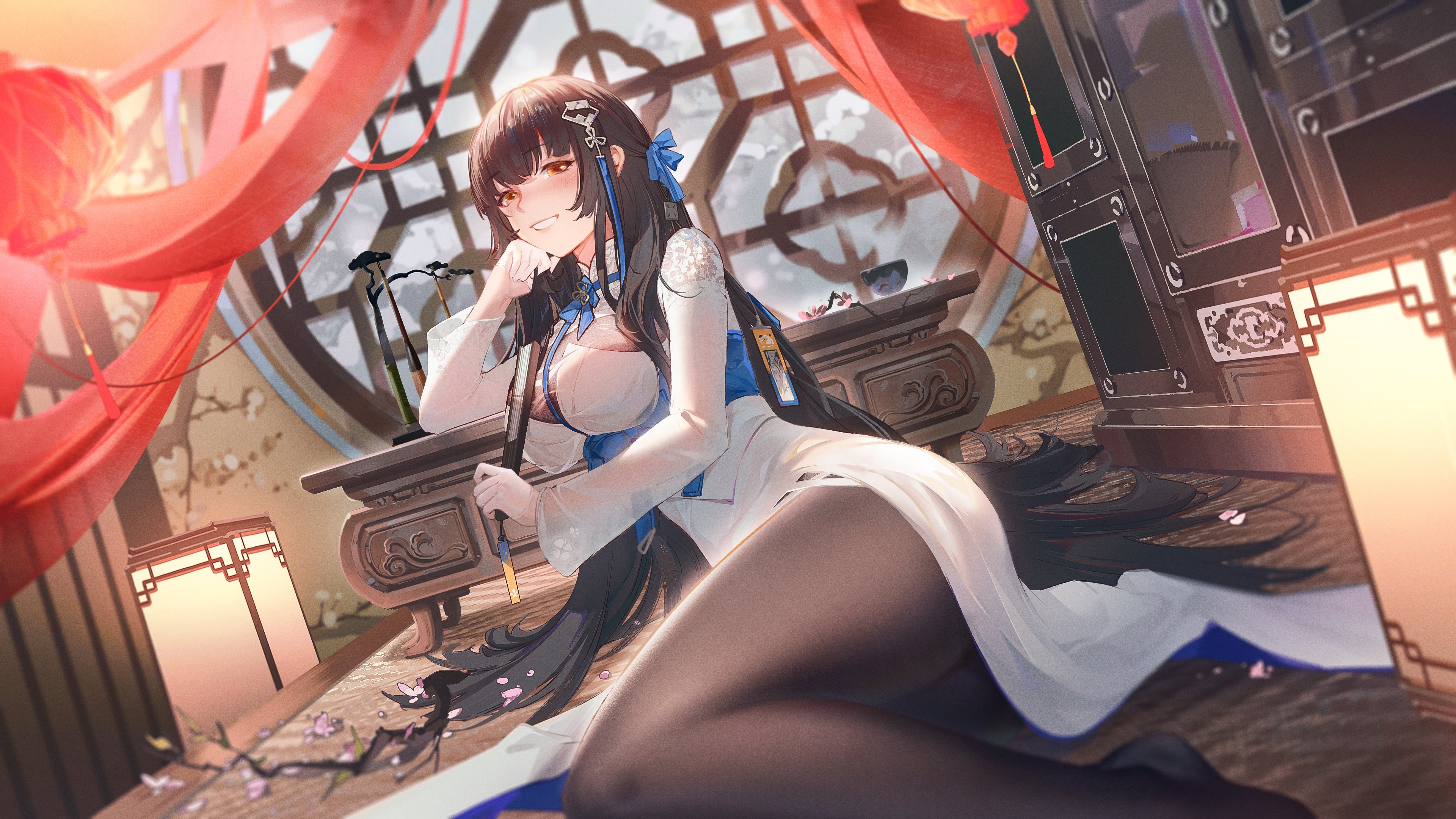 the image is a digital painting or illustration of an animestyle young woman. she has long black hair with a blue ribbon, and she is wearing a white and blue traditional chinesestyle dress (possibly a qipao or cheongsam) with black stockings. she is sitting elegantly at a low table in a room with traditional asian decor, including red curtains, lanterns, and wood furniture.  cherry blossoms are scattered around her on the floor. the art style is highly detailed and features soft lighting and vibrant colors. the overall impression is one of elegance and beauty, with a blend of traditional asian aesthetics and anime elements.