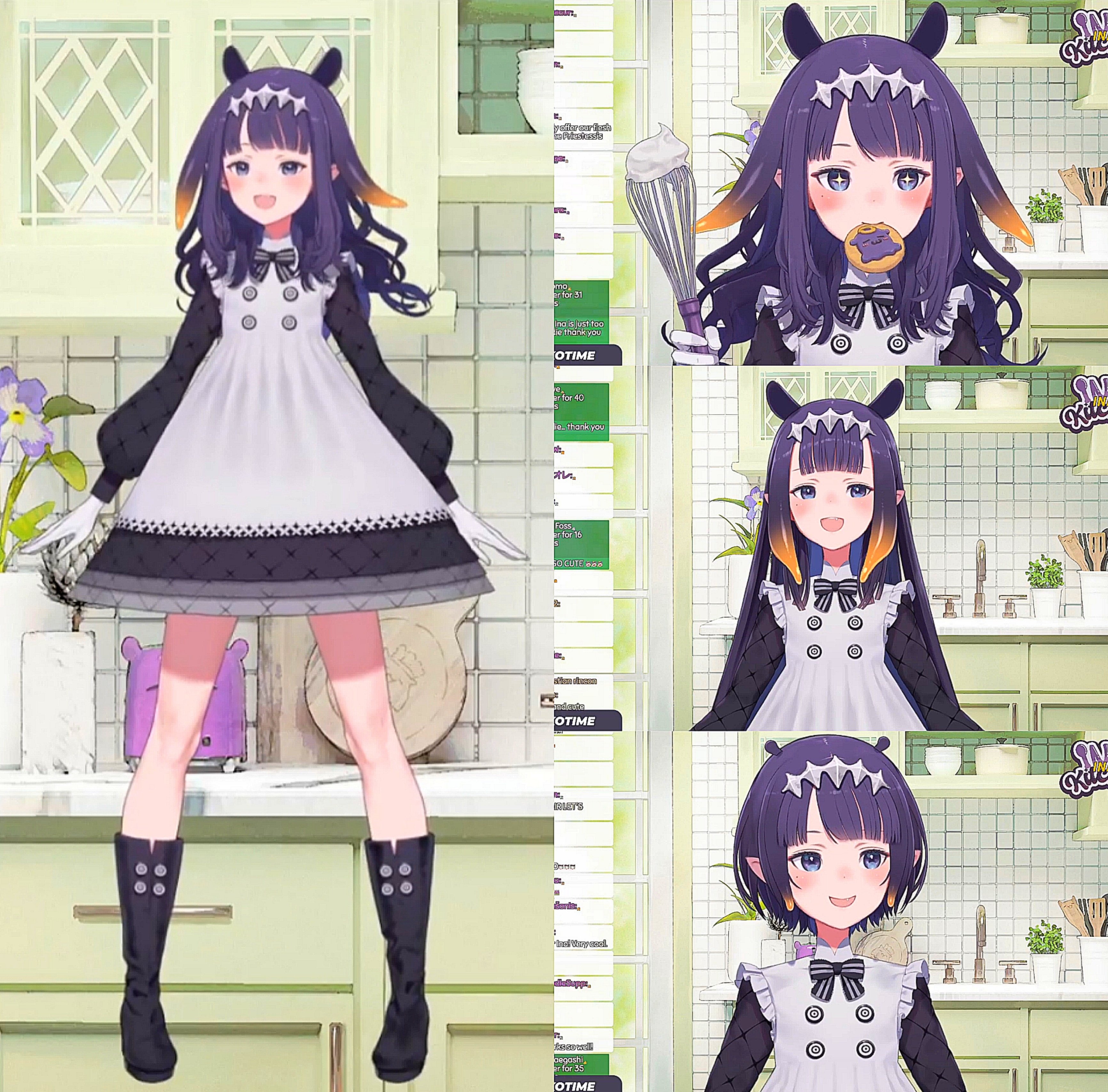 the image features gawr gura, a popular vtuber from hololive, depicted in an anime style. she is dressed in a maid outfit, complete with a black and white dress, headband with shark fin ears, and matching boots.  the setting is a bright, pasteltoned kitchen. there are four different poses of gura, showcasing a range of expressions. in one, she holds a whisk, in another she is enjoying a cookie. the image exudes a cheerful and playful vibe, consistent with gura's personality.