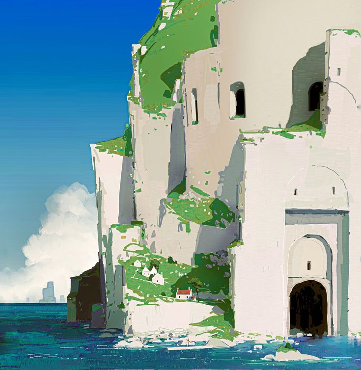 this image shows a mountain rising out of a body of water.  a large, arched opening pierces the base of the mountain. the mountain appears to be a ruin with several openings in the structure and a small amount of green grass clinging to the sides. a small white building with a red roof perches above the arched opening.  a cloudy blue sky provides the background.