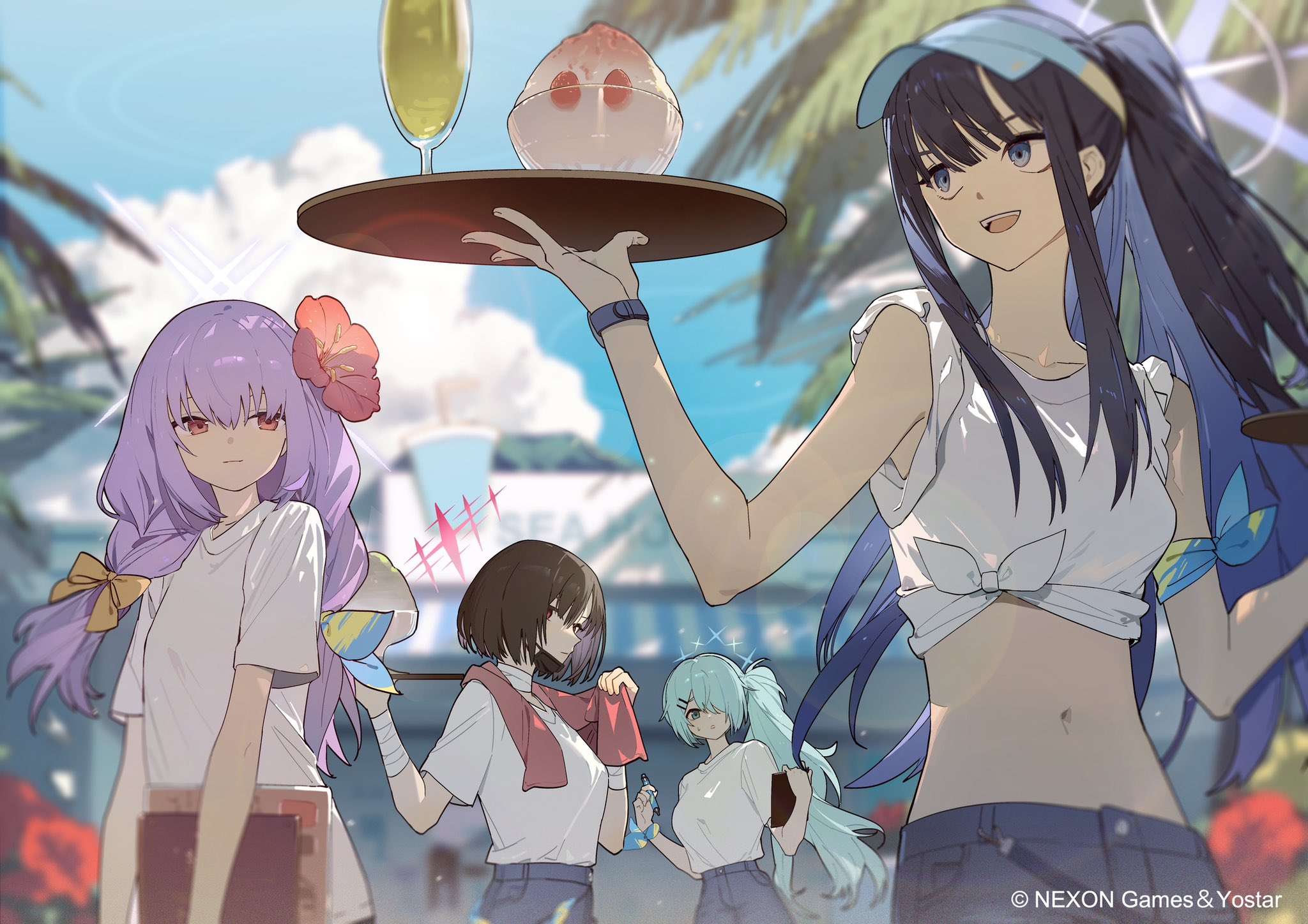 he image is a vibrant digital illustration featuring four anime girls in a beach cafe setting. one girl with long blue hair and a light blue visor is carrying a tray with drinks and a shaved ice dessert.  another girl with purple hair and a yellow bow is standing next to her, holding a book.  two other girls, one with short brown hair and a red shirt and the other with light teal hair and a white shirt, are positioned in the background, seemingly interacting. the overall style is lighthearted and cheerful, with bright colors and a summery atmosphere. the image is digitally created and is likely promotional art, given the presence of the copyright notice for "nexon games & yostar".