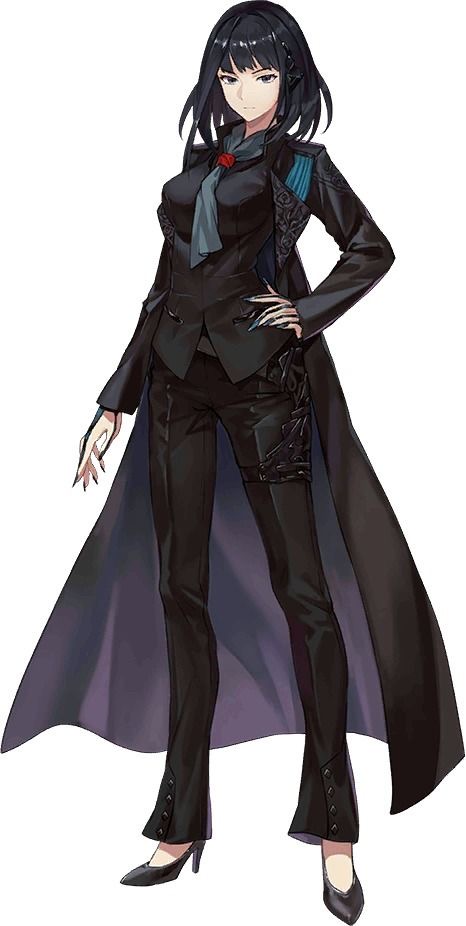 an anime girl with long black hair and blue eyes wearing a long black coat and black suit. she has a serious expression and is standing with her hands on her hips. she is wearing red rose on her coat. she is dressed elegantly.