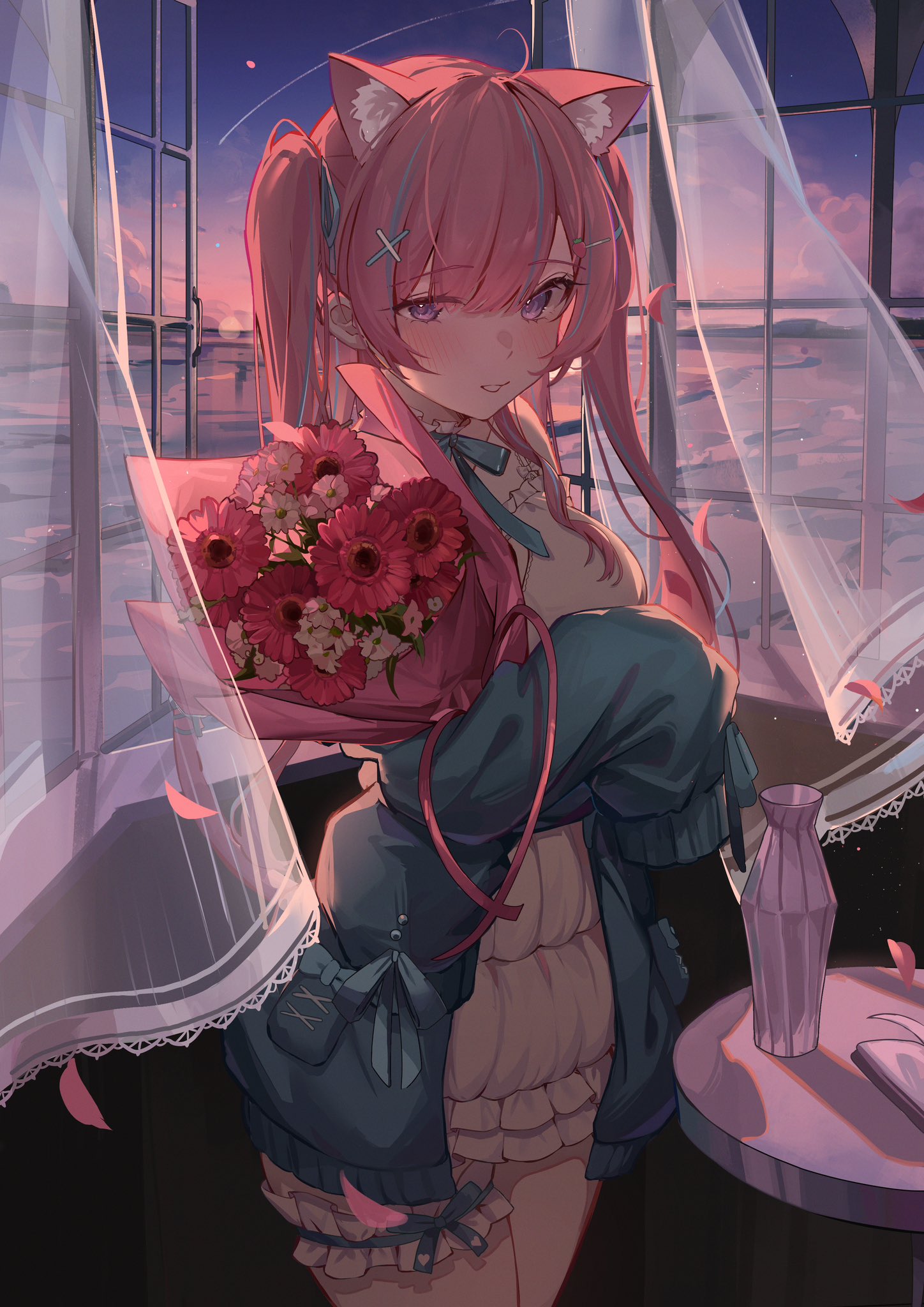 the illustration depicts a charming anime girl with long, pink hair styled in pigtails, adorned with cat ears. she's holding a vibrant bouquet of red gerbera daisies, wrapped in pink paper. the girl is dressed in a teal jacket over a light pink dress and is standing by a window overlooking a calming sunset over the ocean. the scene is peaceful and romantic, highlighting the girl's gentle expression and the beauty of the flowers and the evening light. the art style is soft and delicate, with soft colors and smooth lines, creating a whimsical and lovely atmosphere.