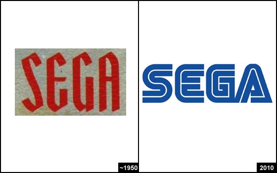 this image shows the evolution of the sega logo over time. the left side displays the logo from around 1950 with a traditional font in red. the right side displays the logo from around 2010, with a bold, modern font in blue. the image highlights how the logo has changed to reflect trends in graphic design and the evolution of the company's brand.