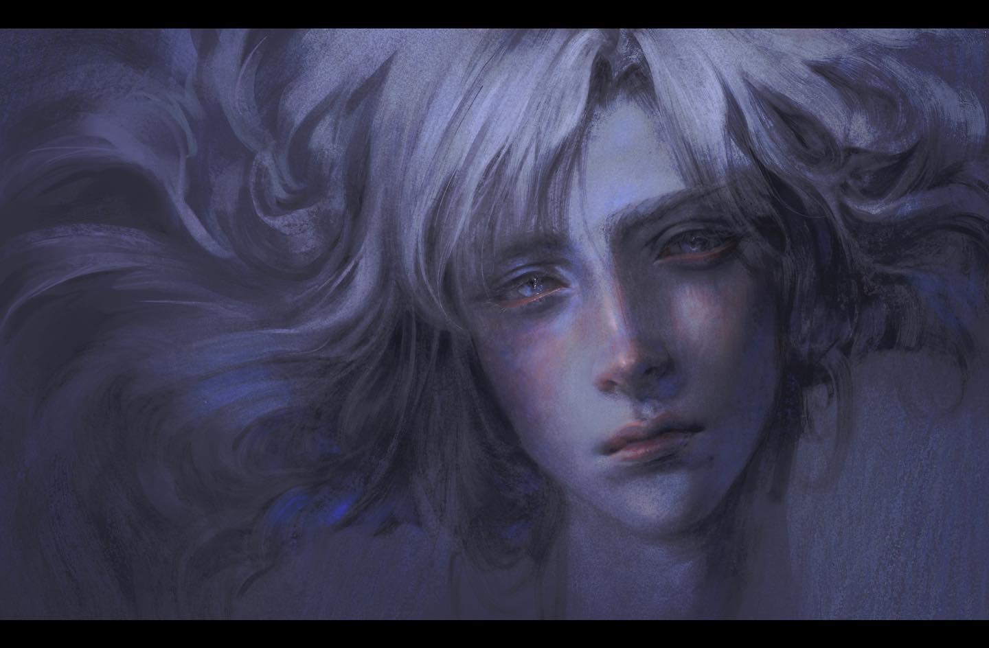 the image is a digital painting of a young man with delicate features and flowing white hair. he is set against a dark, abstract background, creating a dreamy and ethereal atmosphere.  the lighting is soft and moody, emphasizing the contours of his face and creating a sense of depth. his expression is melancholic and introspective. the color palette consists primarily of cool blues and greys, further enhancing the overall mood of the piece.