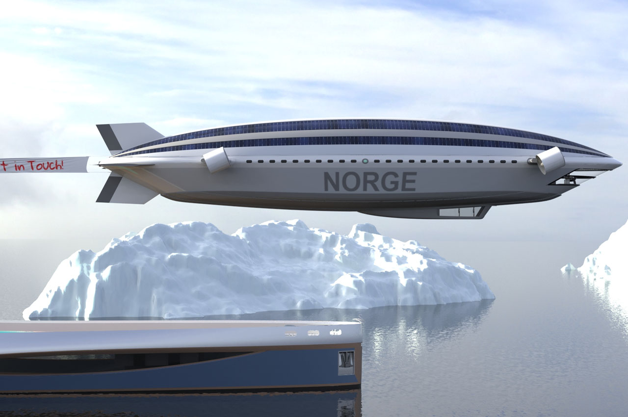 a futuristic airship labeled "norge" flies over a icy arctic landscape, hovering over a ship floating in the water. the airship is white and features rows of solar panels on its top.