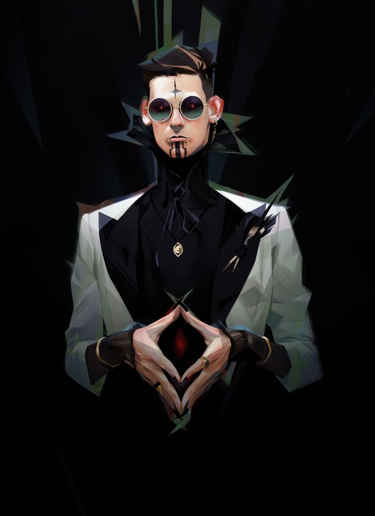 a digital painting of a man in a white suit and black tie with black sunglasses. he has black makeup around his eyes and a cross marked on his forehead. he is holding his hands out to the front, cupped, and is looking directly at the camera. the background is black and there is a soft, blurry triangle behind his head.
