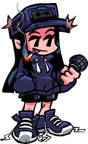 the image is a fullbody cartoonstyle illustration of a character from the friday night funkin' (fnf) game. the character is a young woman with black hair, wearing a dark blue hoodie and shorts, and sneakers with untied laces. she has a dark blue hat with starshaped accents on the sides. she is holding a microphone in her right hand and smoking a cigarette. her facial expression is indifferent or slightly bored.