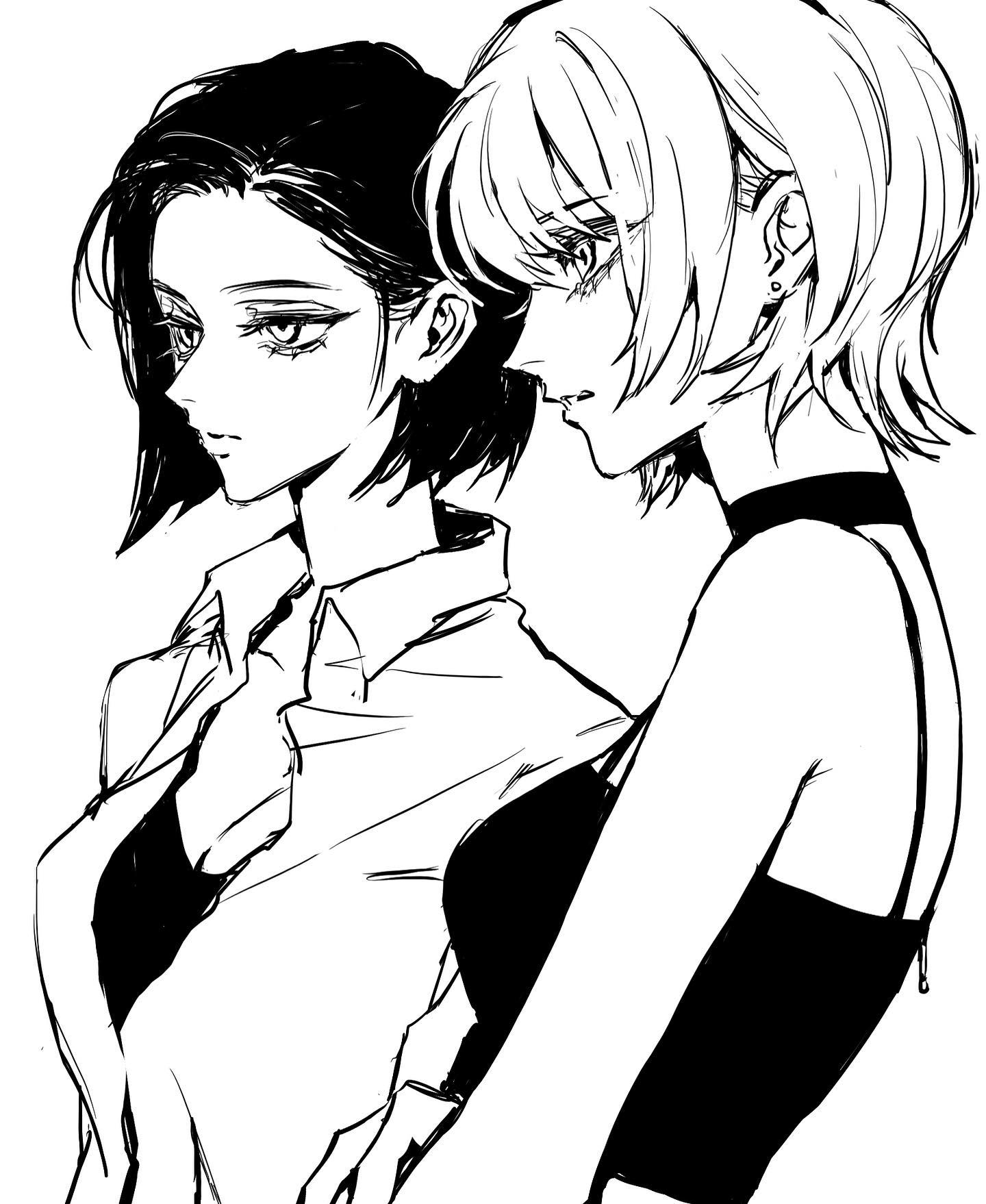 the image is a black and white sketch of two women. the woman on the left has short, dark hair and is wearing a white shirt. the woman on the right has short, light hair and is wearing a black dress. the women are standing close together and looking to the left. the image has a soft lighting and is drawn from a side view.