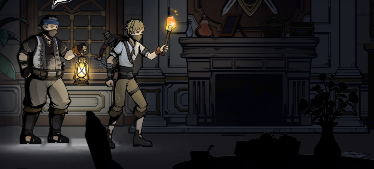two cartoon men are exploring a dark room. one is carrying a lantern and the other a torch. they are both dressed in explorer clothes. there is a fireplace in the background with a vase of flowers on the right. the scene is dark and mysterious.