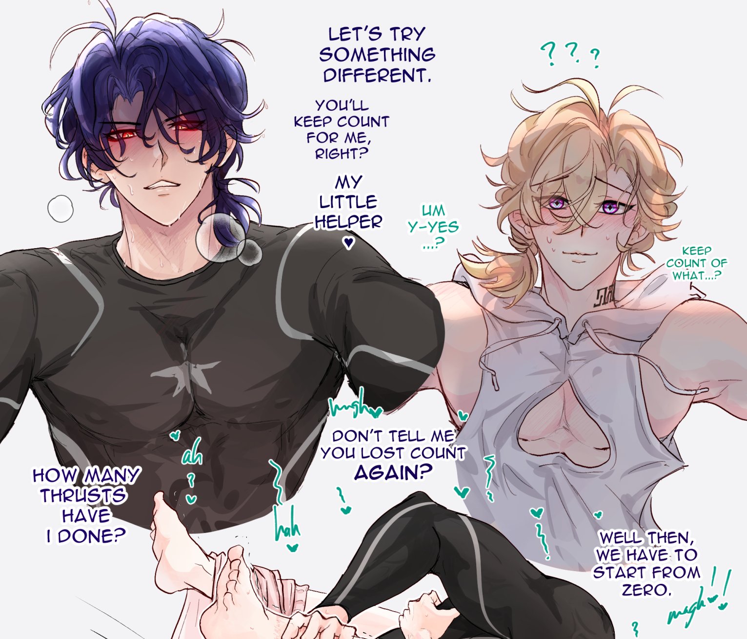 the image is a yaoi mangastyle illustration depicting two young men in a suggestive, intimate scene. one man has purple hair and a muscular physique, wearing a dark athletic shirt. the other man has blonde hair and a less muscular build, wearing a lightcolored, partially open shirt. the scene implies a sexual encounter; dialogue boxes indicate a playful exchange, referencing a "count" of "thrusts," suggesting a sexual act is taking place. the art style is soft and sensual, with blushing and expressive eyes. the overall tone is flirtatious and suggestive, characteristic of yaoi genre.