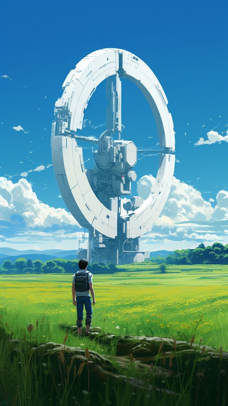 a lone man with a backpack stands in a field of yellow flowers, gazing up at a massive, futuristic ringshaped spaceship hovering in the sky above a picturesque landscape.  the scene juxtaposes advanced technology with the tranquility of nature, creating a sense of wonder and possibility.