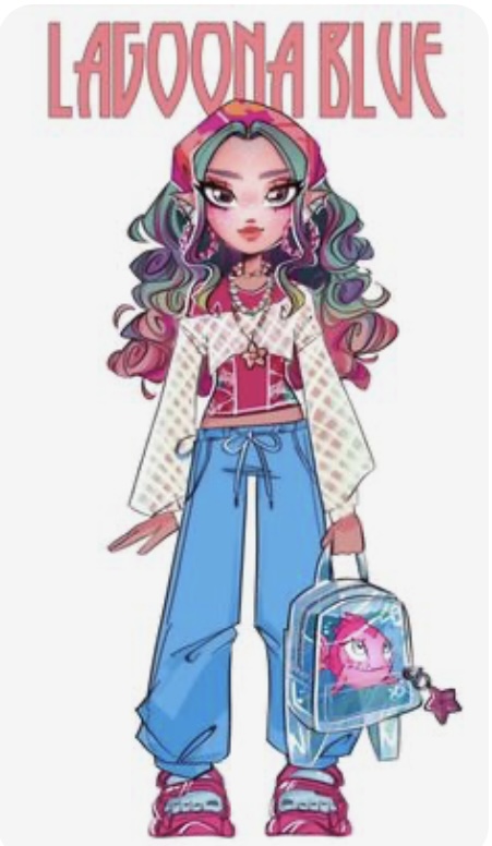 this is a fashion illustration of a girl standing, wearing a trendy, y2kinspired outfit.  she has long, colorful hair (pink, blue, green) and is wearing a pink bandana.  her top is white with pink details and a pink corset over it.  her pants are blue with a drawstring. she is wearing chunky pink platform shoes and carrying a clear backpack with a pink creature design on it.  the image is titled "lagoon blue" in a metallic font.  the drawing style is reminiscent of fashion illustration and cartoon drawings, with exaggerated features and stylized details.