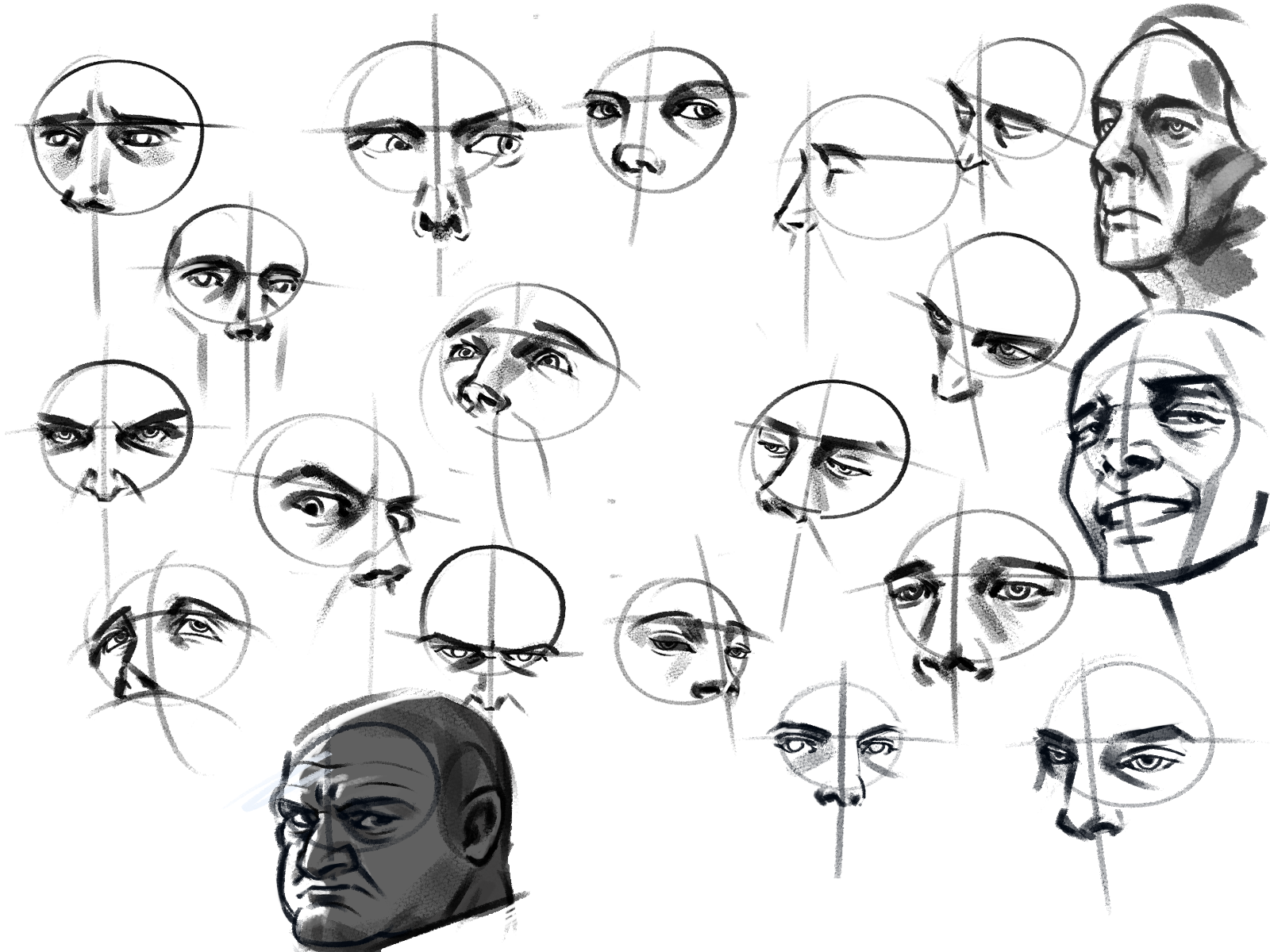 a black and white drawing of many different facial sketches. the sketches are drawn in different angles and perspectives, highlighting the unique features of each face.  there is a grid drawn over each face.  one face in the bottom left corner of the image is more detailed and shaded in gray tones.