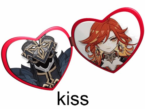two characters from the game genshin impact, arlecchino and pierro, are framed in red heart shapes. the word "kiss" is written below them.