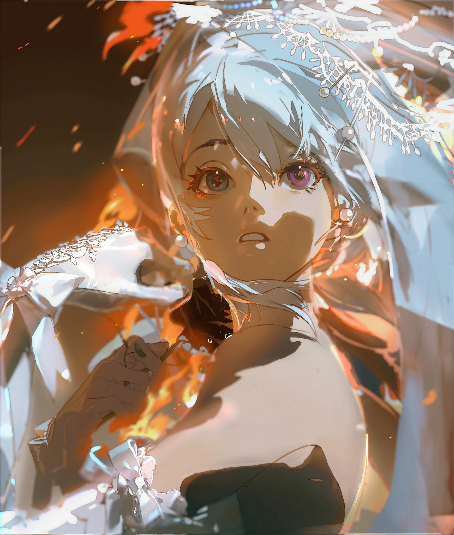 the image is a digital painting or illustration of an animestyle girl. she is depicted from the chest up, and appears to be wearing a white wedding dress or veil that is slightly transparent and adorned with delicate embellishments.  her hair is a silverywhite, and one eye is visible, showing a striking purple iris. she has a serious, perhaps apprehensive, expression on her face.  the background features orange and yellow tones, suggesting fire or warm light, which seems to be partially obscuring her. the overall style is highly artistic and painterly, using a blend of sharp and soft brushstrokes to create a dramatic and slightly surreal atmosphere. the color palette is warm and intense, drawing attention to the figure's facial features and the overall emotional weight of the image.