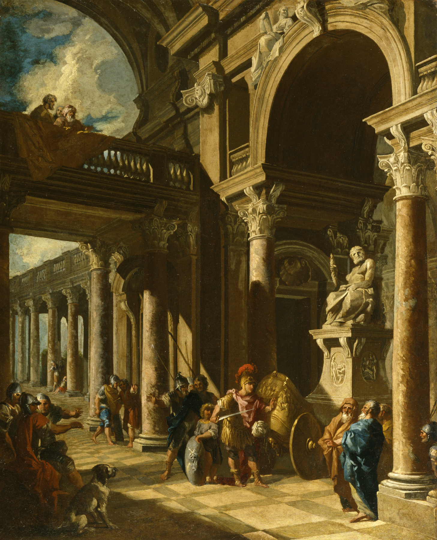 the image depicts an oil painting on canvas of a grand, classical architectural interior, likely set in ancient rome. the scene is filled with roman soldiers in various states of action, complete with helmets, shields, and weapons. the interior features imposing columns, arches, and a statue placed in a niche. light and shadow create a dramatic and theatrical atmosphere. a group of onlookers are positioned on a balcony above, observing the events unfolding below. a dog sits in the foreground. the painting style is reminiscent of classical or historical paintings.