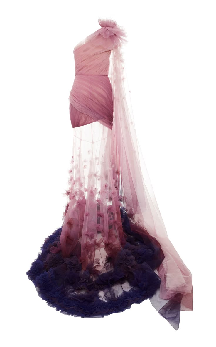 a floorlength, oneshoulder ombre tulle dress is displayed on a white background. the dress has a formfitting bodice that transitions into a flowing, floorlength skirt with dark blue tulle at the bottom of the skirt. the upper portion of the dress is a light pink color, which transitions into a purple hue. the dress also has floral embellishments.