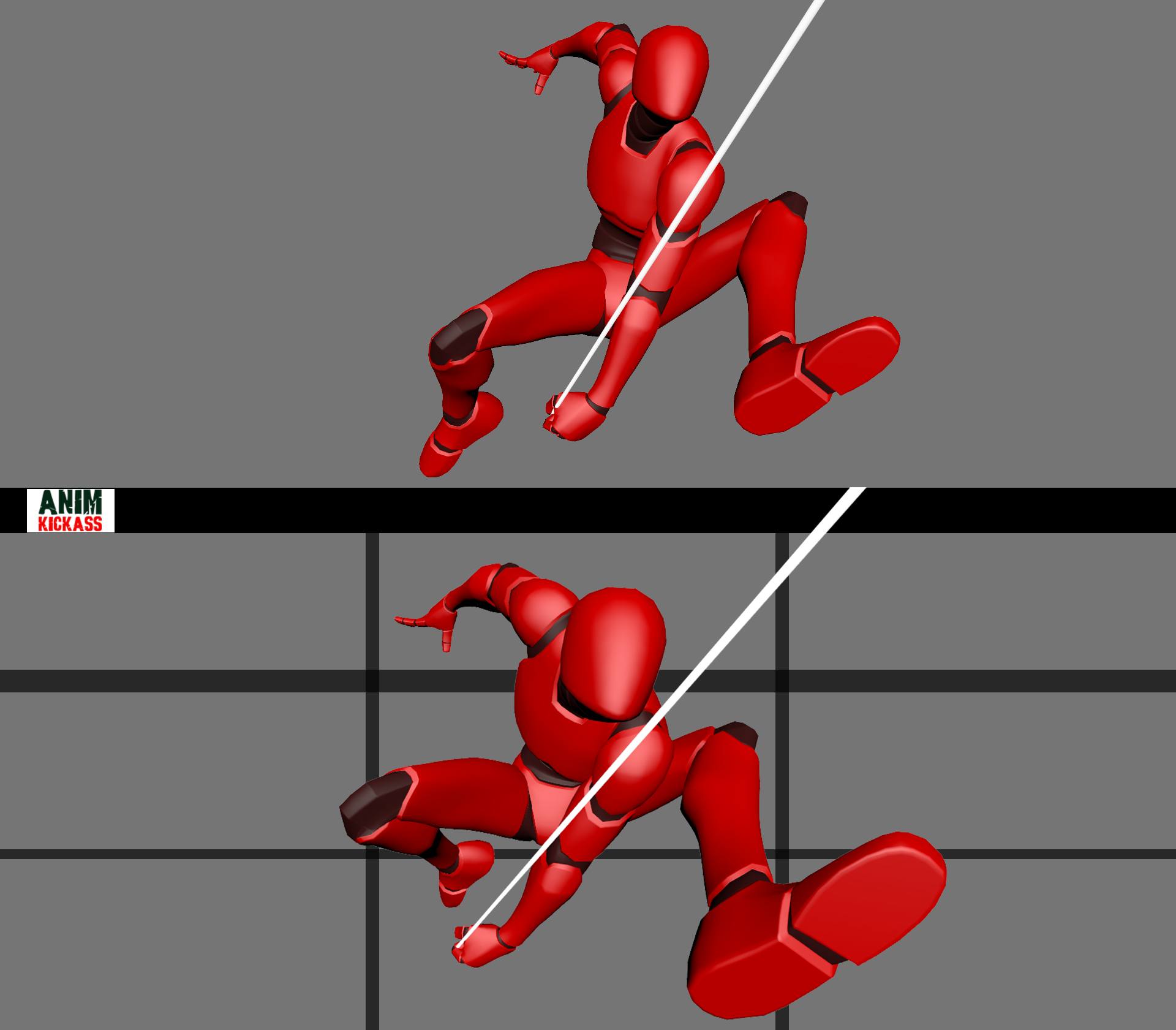 the image shows two nearly identical 3d model renderings of a red robot or humanoid figure in an action pose. the figure is depicted midjump, striking a dynamic stance. a diagonal white line cuts across both renderings, and they are set against a grey background with subtle grid lines. the image has the text "anim kickass" in the top left corner.