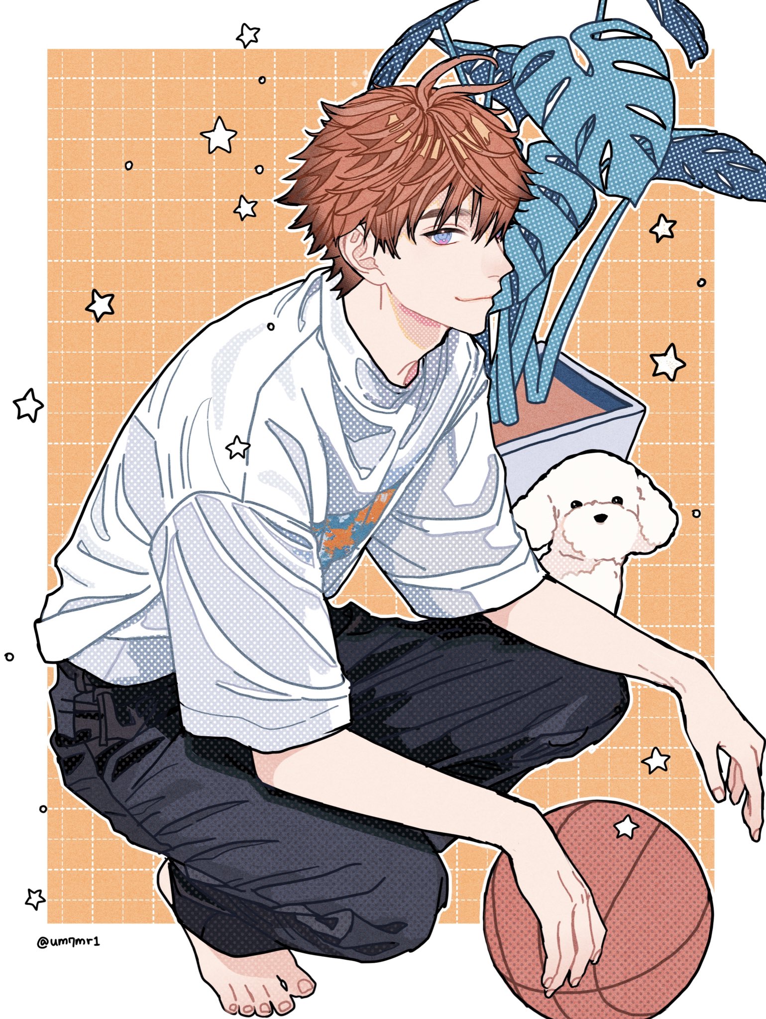 an anime drawing of a man squatting down with a basketball next to him. he has brown hair, blue eyes, and a smirk on his face. he is wearing a white tshirt with the sleeves rolled up and black pants. behind him is a monstera plant in a pot and a white poodle. the background is an orange checkered pattern with stars.