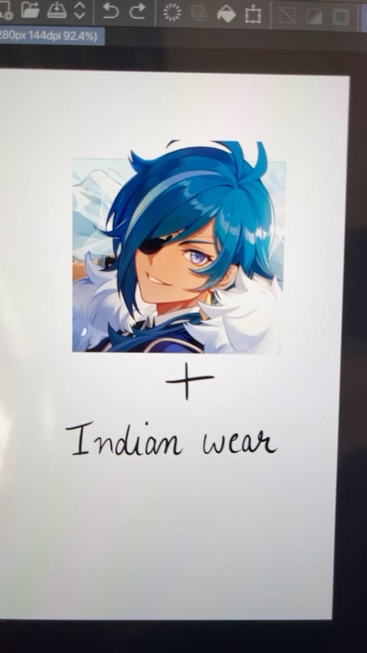 the image shows a digital drawing or artwork featuring scaramouche from the video game genshin impact.  a closeup of scaramouche's face and upper body is displayed. below the character image, a plus sign (+) is written, followed by the handwritten text "indian wear," suggesting a desire or plan to depict scaramouche in indian clothing.  the overall presentation is a concept or a workinprogress shown on a digital art program's interface.
