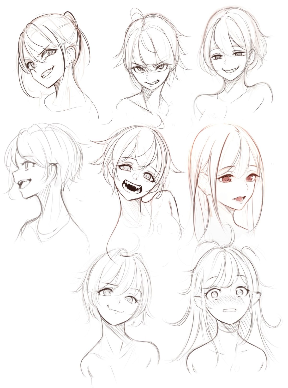 he image contains nine sketches of animestyle female faces, each displaying a different expression.  the drawings are done in a loose, sketchy style with varying line weights, suggesting quick studies or concept art. the expressions range from happy and mischievous smiles to slightly angry or shy expressions.  the hairstyles also vary, showing a range of styles common in anime. the overall style is soft and slightly whimsical.