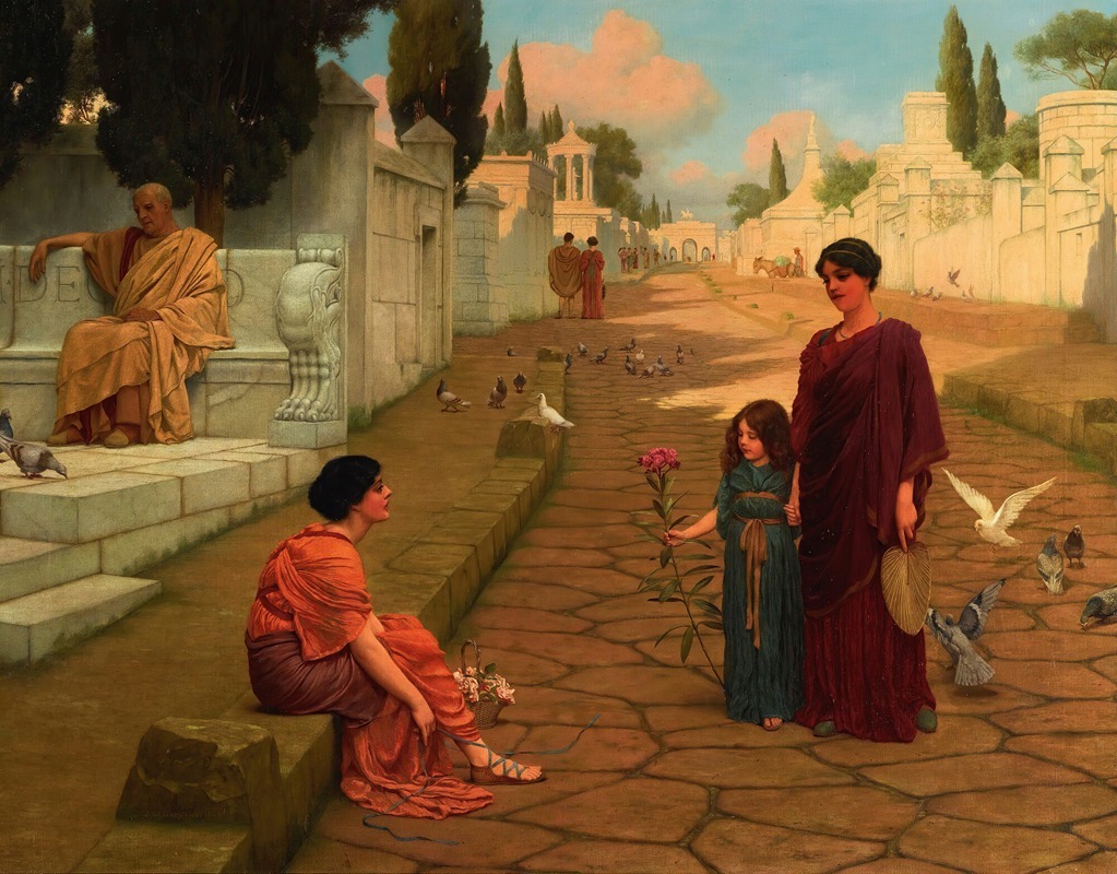 the image is a classical painting depicting a somber scene in what appears to be an ancient roman cemetery. a man sits contemplatively on a stone bench to the left, wearing a toga. in the foreground, a woman in a dark red toga stands next to a young girl, who holds a single pink flower. to the left of them, another woman sits on a stone border, looking up in apparent sadness. pigeons are scattered around the street and the monuments. the architecture is in a classical roman style, with white stone structures and pillars. in the background, other figures are walking along the street. the overall mood is one of mourning and reflection.
