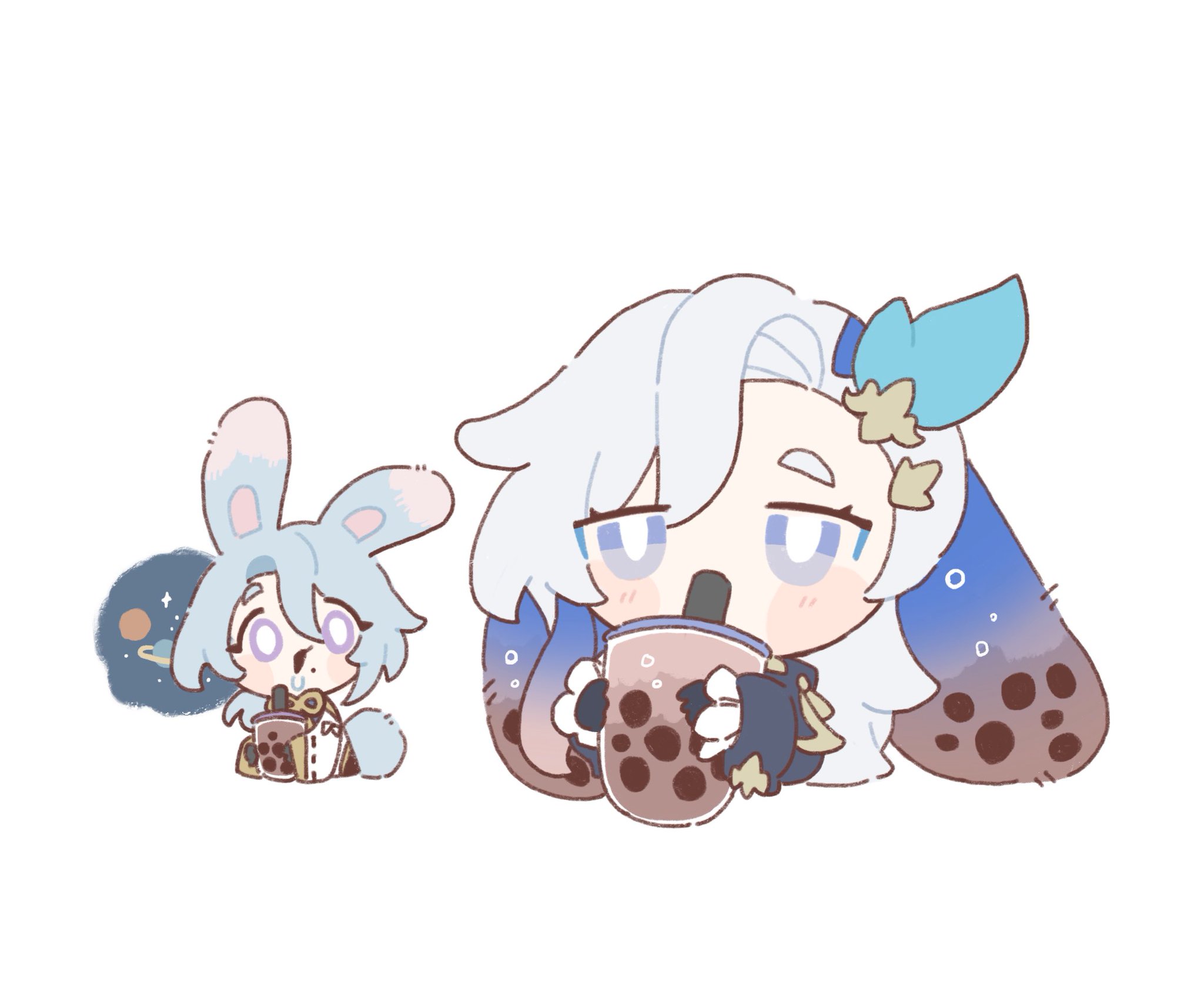 the image features two adorable chibistyle characters. the larger one is a girl with long, lightblue hair,  wearing what appears to be a blue and brown gradient outfit resembling bunny ears. she is happily drinking a large cup of boba tea. beside her is a smaller chibi rabbit character with similar coloring, also enjoying a smaller boba tea. the background is plain white except for a small depiction of a planet and stars behind the rabbit, hinting at a space theme. the overall style is soft, pastel colored, and cute. the art appears to be digital fanart.