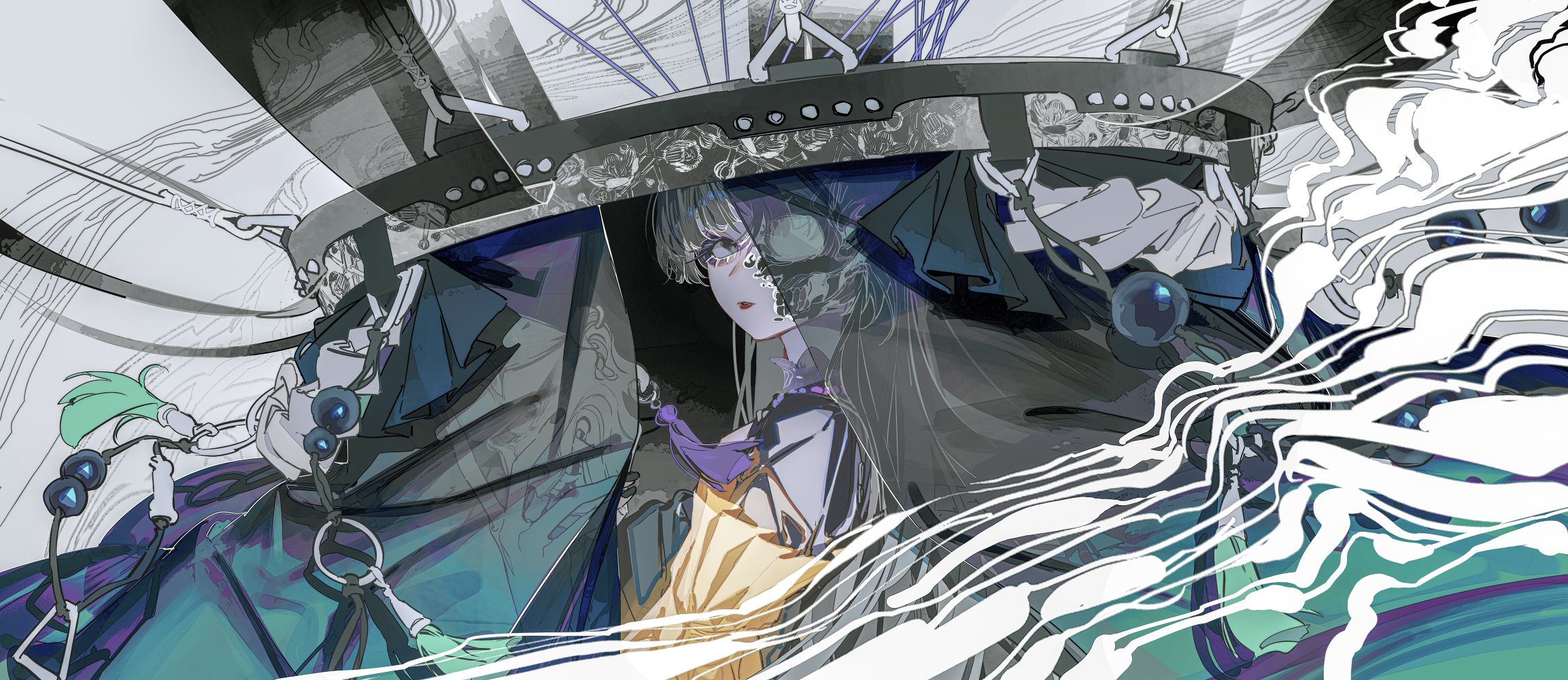 a digital art piece depicting a female anime character with long white hair and dark eyes wearing a yellow dress and a blue cloak. she is surrounded by abstract shapes and patterns of black, white, blue, green and purple.  she is looking to the right of the frame.