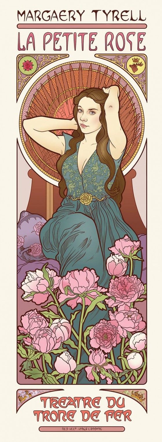 an art nouveau style poster of margaery tyrell, featuring the text "margaery tyrell, la petite rose" at the top and "theatre du trone de fer" at the bottom. the central image is a portrait of margaery tyrell in a long green dress, with a golden rose belt. she is surrounded by pink roses and has a circular patterned backdrop.