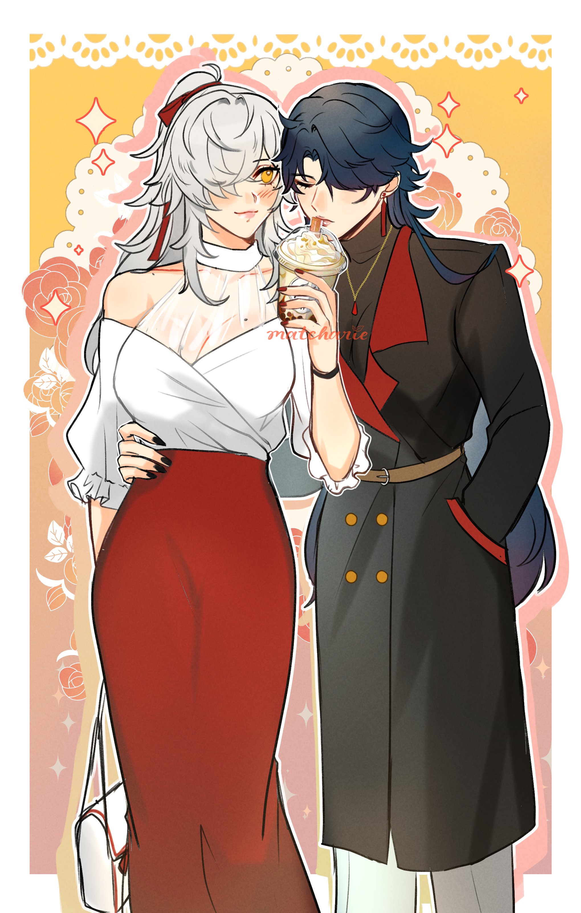 the image is an illustration of a young couple on a date. the female character is wearing a white dress with a red skirt. she is carrying a small purse. the male character is wearing a black coat and a red shirt. they are holding a beverage, which might be milk tea. there are flowers and decorative hearts in the background. the overall mood is romantic and happy.