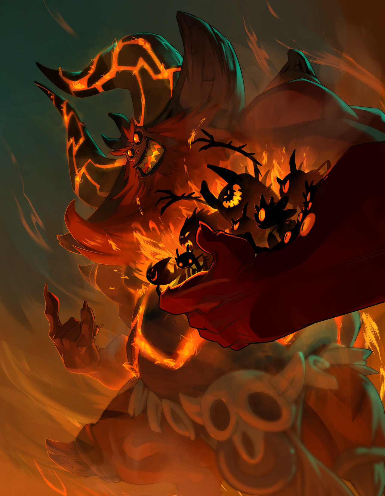 a fiery demon with large horns and sharp teeth, radiating an inferno of flames and smoke, menacingly hovers in midair. its massive body, filled with glowing embers, reveals smaller demonic figures within, adding to its overall chaotic and terrifying presence. the artwork is a depiction of a creature from a fantasy world, possibly from a realm of fire and hell. it captures the essence of evil and destruction through its fiery appearance and menacing expression.