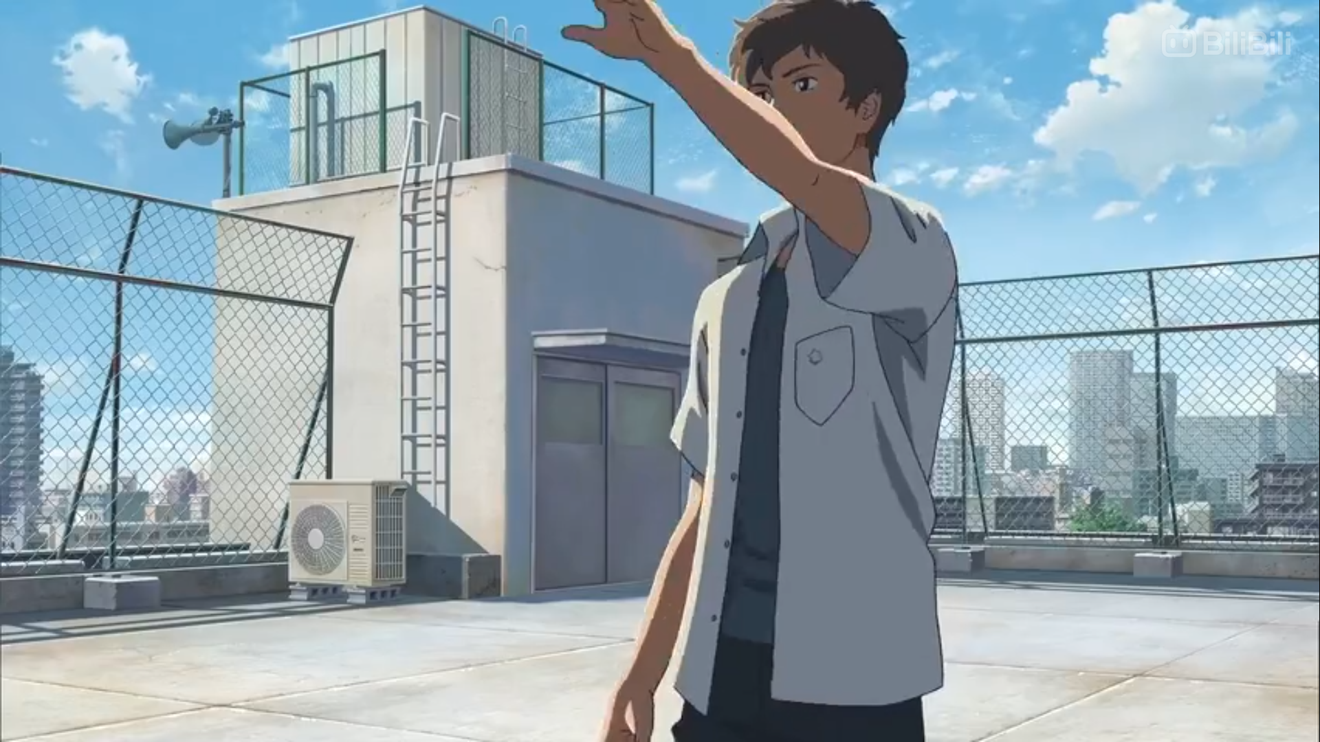 a young man with short brown hair, wearing a white shortsleeved shirt and dark pants, stands on a rooftop in an urban environment.  he is extending his right arm upward, as if reaching for something in the bright blue, slightly cloudy sky. the rooftop is surrounded by a chainlink fence, and a small white building with a water tank is visible behind him.  in the distance, other buildings of varying heights make up the cityscape. the overall feel is bright and summery, with natural sunlight illuminating the scene.