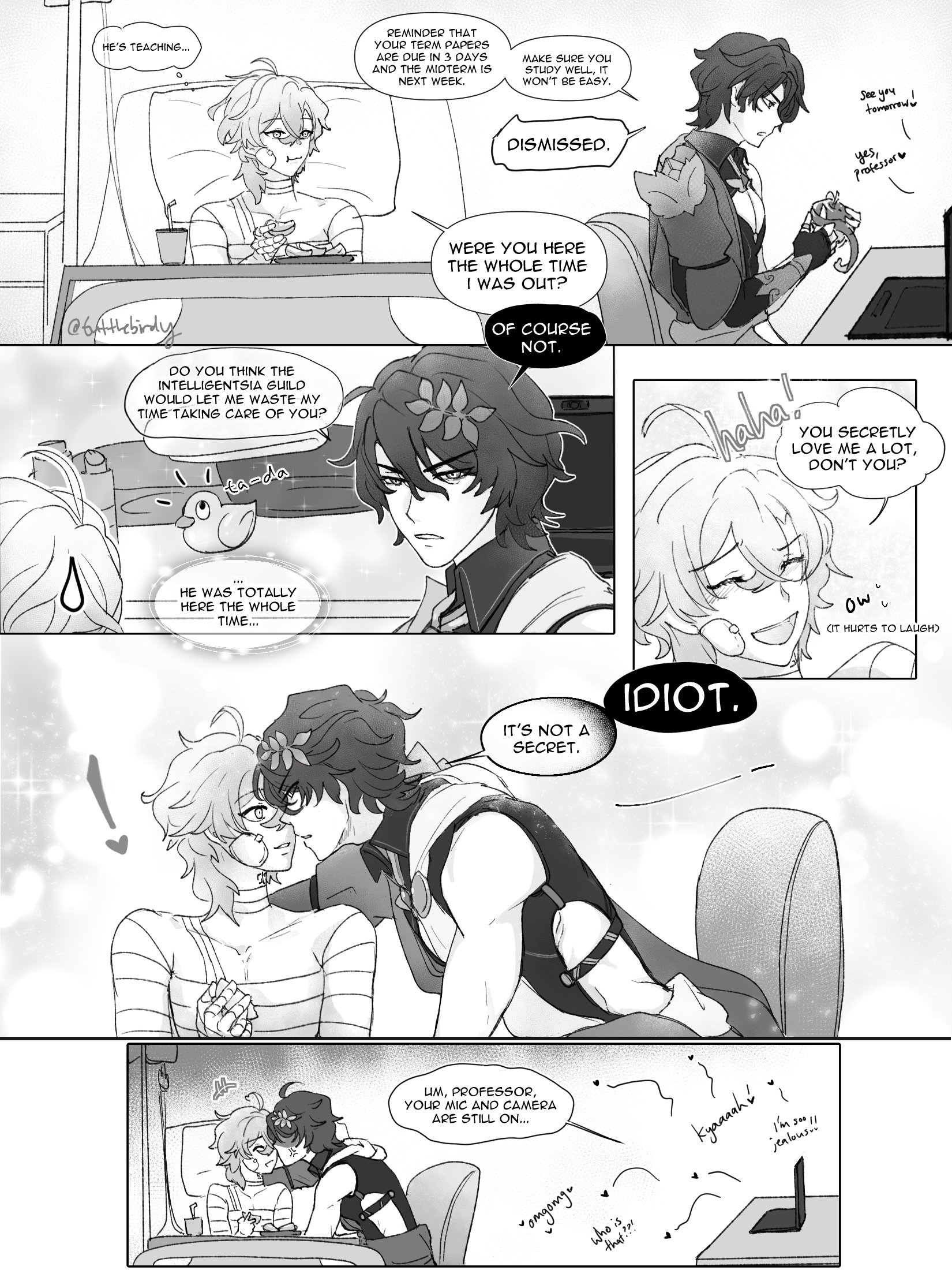 the image is a grayscale mangastyle comic strip depicting a romantic storyline between two male characters, potentially inspired by genshin impact characters aether and scaramouche. the story unfolds in several panels, starting with the professor (possibly scaramouche) dismissing a student (likely aether).  aether is shown sick and injured. the professor is secretly taking care of the student. subsequent panels depict their interactions, revealing a hidden romance and ending with a humorous moment where their mic and camera are still on during a private moment.  the art style is soft and cute, with expressive characters and speech bubbles that enhance the humor and romance of the narrative.  the overall tone is light and playful, with hints of underlying affection between the two main characters.
