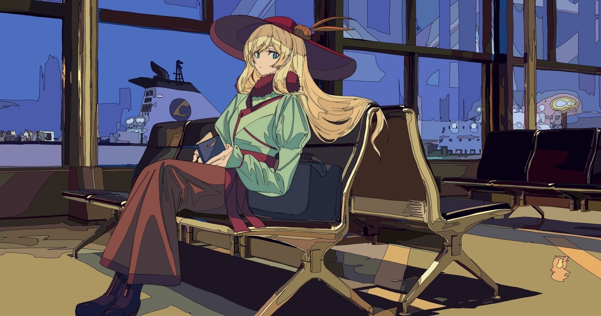 the illustration depicts an animestyled young woman with long blonde hair, wearing a widebrimmed hat and a stylish outfit, sitting on a bench in an airport terminal.  she appears to be waiting, possibly for a ship or boat visible through the large windows behind her. the overall style is colorful and vibrant, with a slightly stylized and cartoonish aesthetic. the scene is set at night, with the city lights visible in the distance. the woman holds what looks like a small notebook or booklet in her lap.  the overall mood is calm and contemplative.