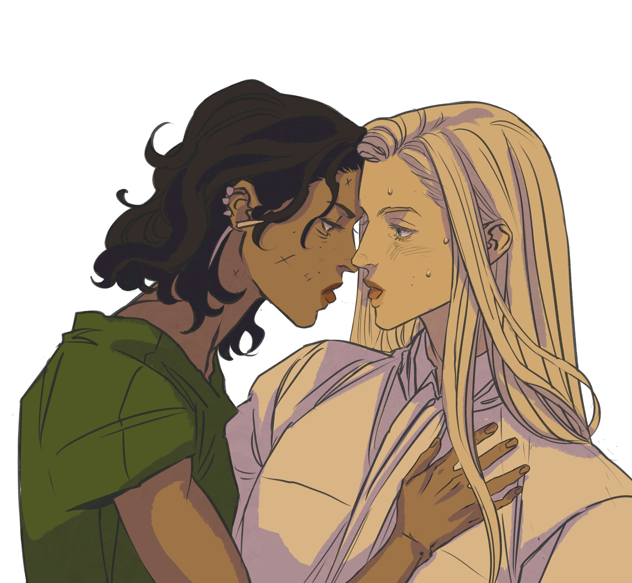 an illustration depicts two women in a close and tender embrace, their faces near touching. one woman has dark, wavy hair and darker skin, wearing a green shirt and visible earrings. the other woman has long blonde hair and lighter skin, wearing a white garment, and a hand is placed on her chest. both women have slightly flushed complexions and convey a sense of intimacy and emotional connection.
