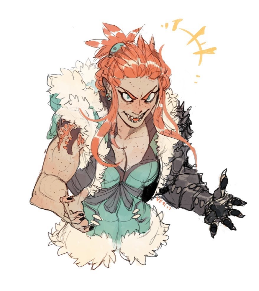 this is a digital illustration of a female warrior character. she appears to be some sort of fantasy creature with red hair, fangs, and a large, metal claw for a right hand. she is wearing a furcollared outfit with a light green bodice. her expression is fierce and she appears to be ready to fight.